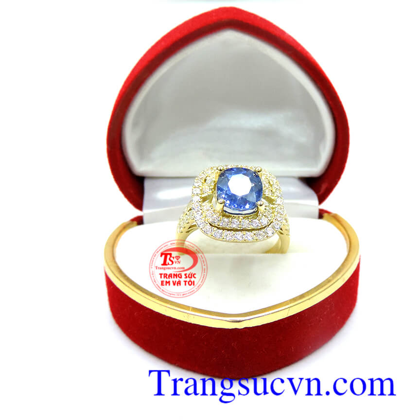 Nhẫn sapphire lam nữ thanh lịch, nhẫn nữ vàng tây 18k sáng