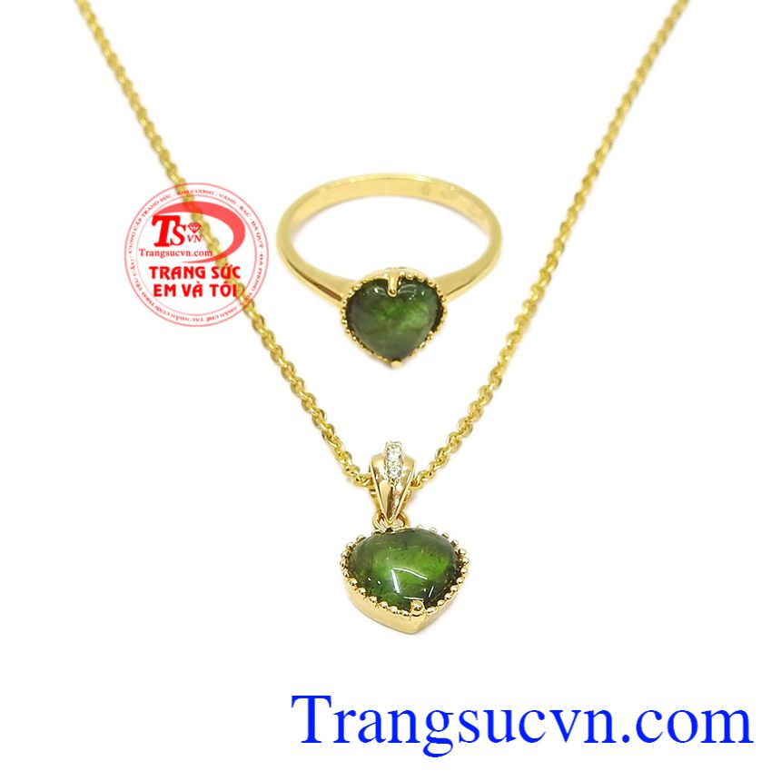 Bộ trang sức trái tim tourmalin thiên nhiên, trang sức bộ