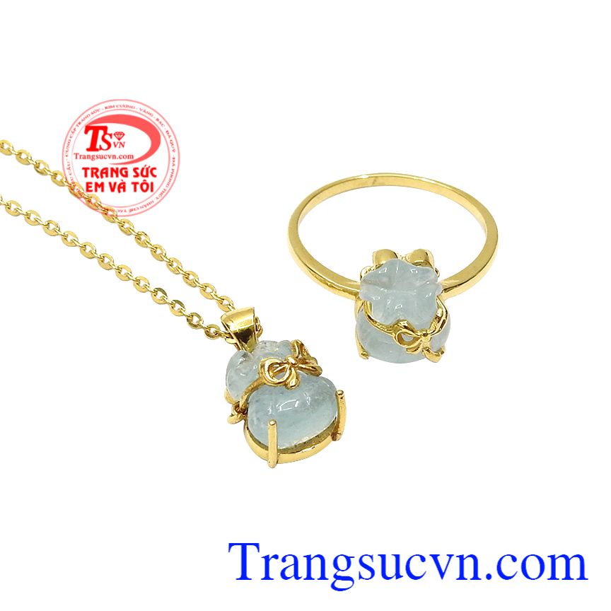 Bộ túi tiền aquamarine tài lộc, Bộ dây vàng nữ, Bộ dây chuyền vàng tây