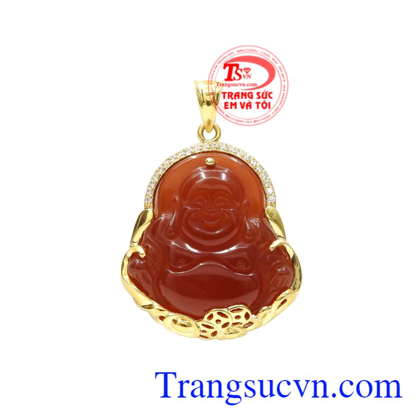 Mặt phật di lặc mã não thiên nhiên, Mặt dây chuyền nam cá tính, Mặt phật bọc vàng phú quý