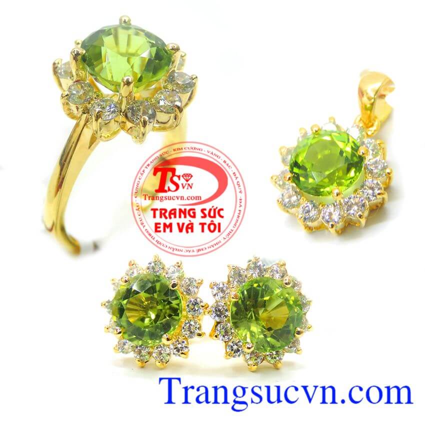 Bộ Nhẫn Hoa tai Mặt Vàng Peridot, trang sức bộ Bộ Nhẫn Hoa tai Mặt Vàng Peridot, trang sức bộ