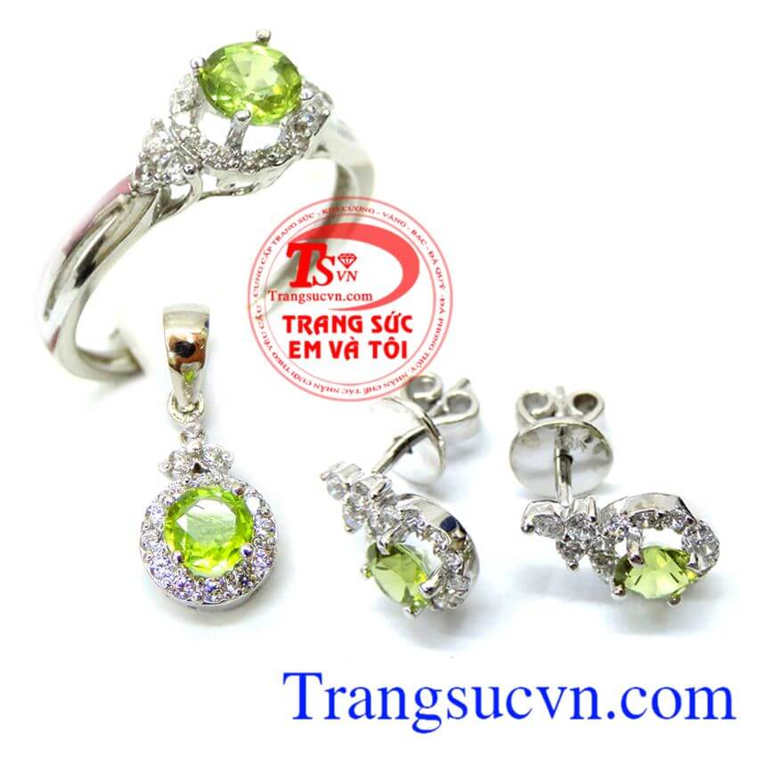 Bộ Nhẫn Mặt Hoa tai Vàng trắng Peridot, Trang sức bộ Bộ Nhẫn Mặt Hoa tai Vàng trắng Peridot, Trang sức bộ