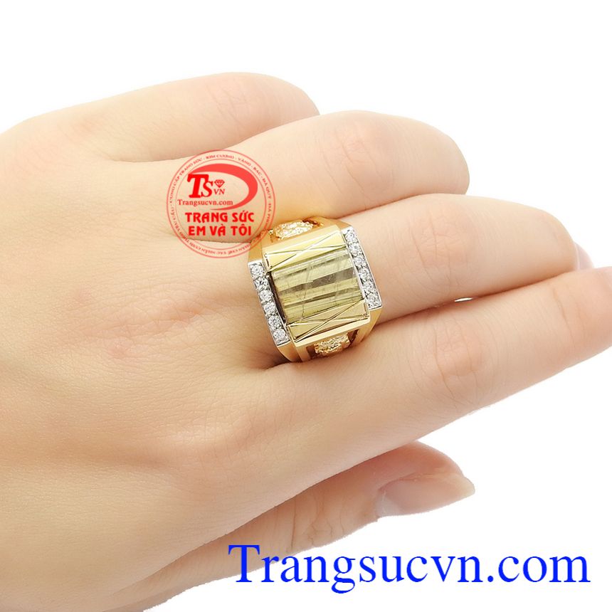 Nhẫn nam thạch anh tóc 14k tài lộc,Nhẫn nam đẹp,Nhẫn nam vàng tây