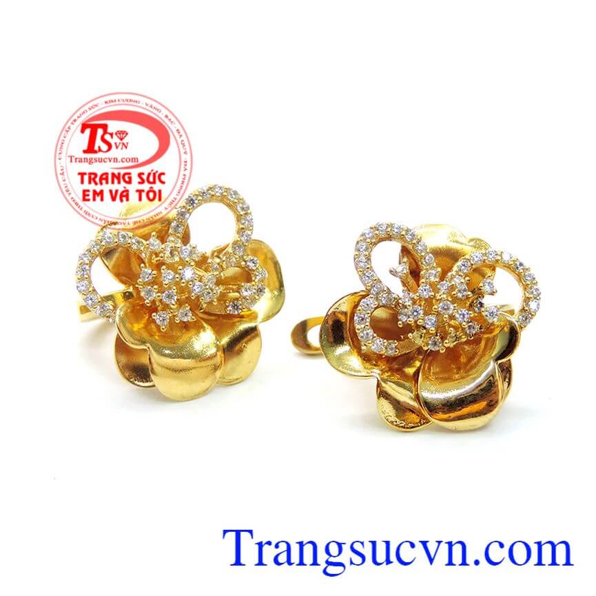 Hoa tai vàng đính đá, Hoa tai vàng tây nhập khẩu Hàn Quốc sáng bóng bền đẹp.