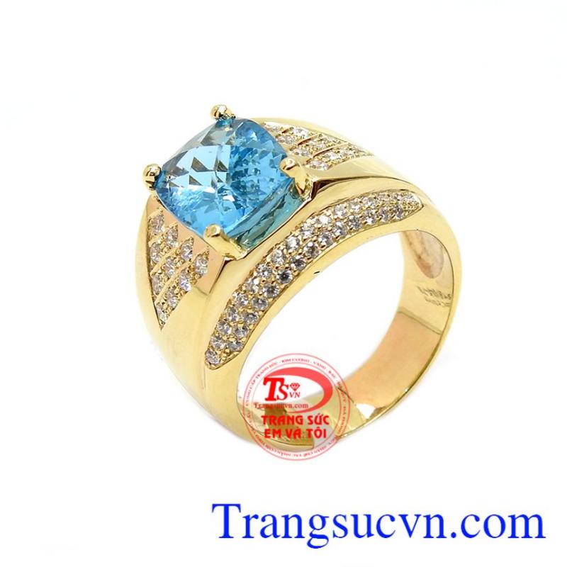 Nhẫn nam vàng Topaz xanh nước biển, nhẫn nam, nhẫn vàng đẹp. 