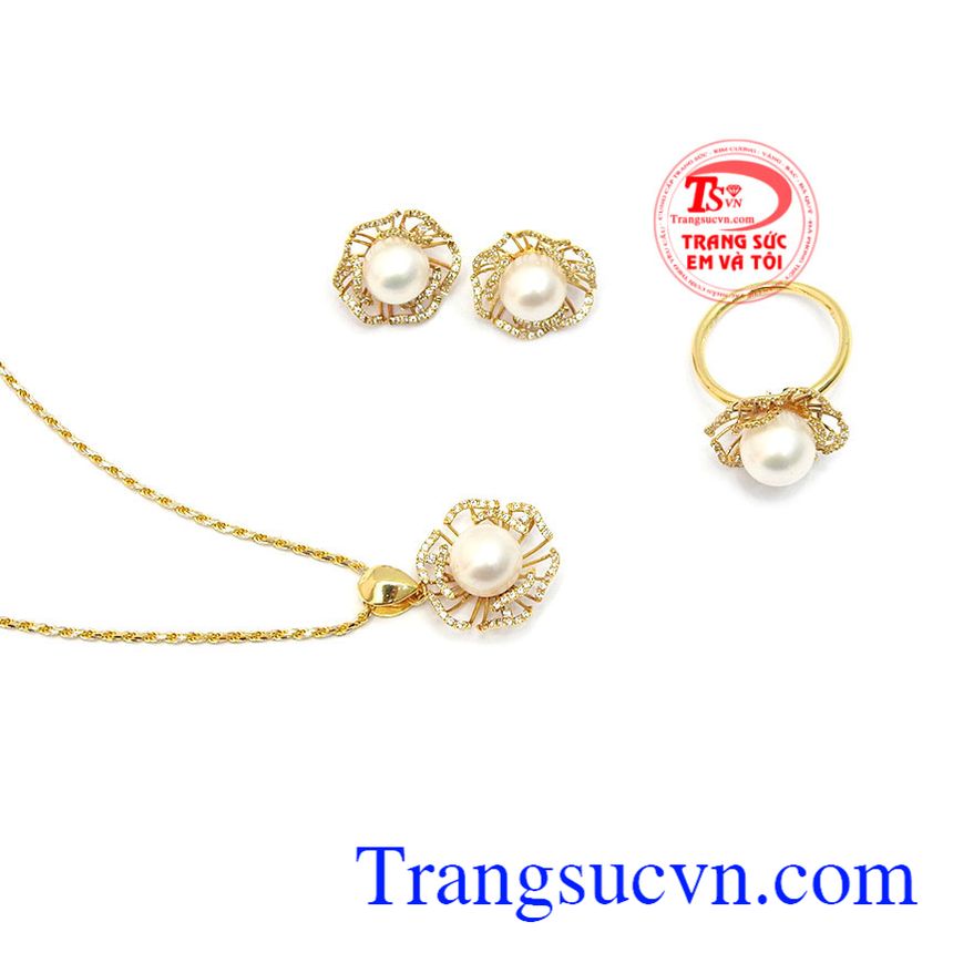 Bộ trang sức ngọc trai đẹp, bộ trang sức nữ, bộ trang sức vàng tây