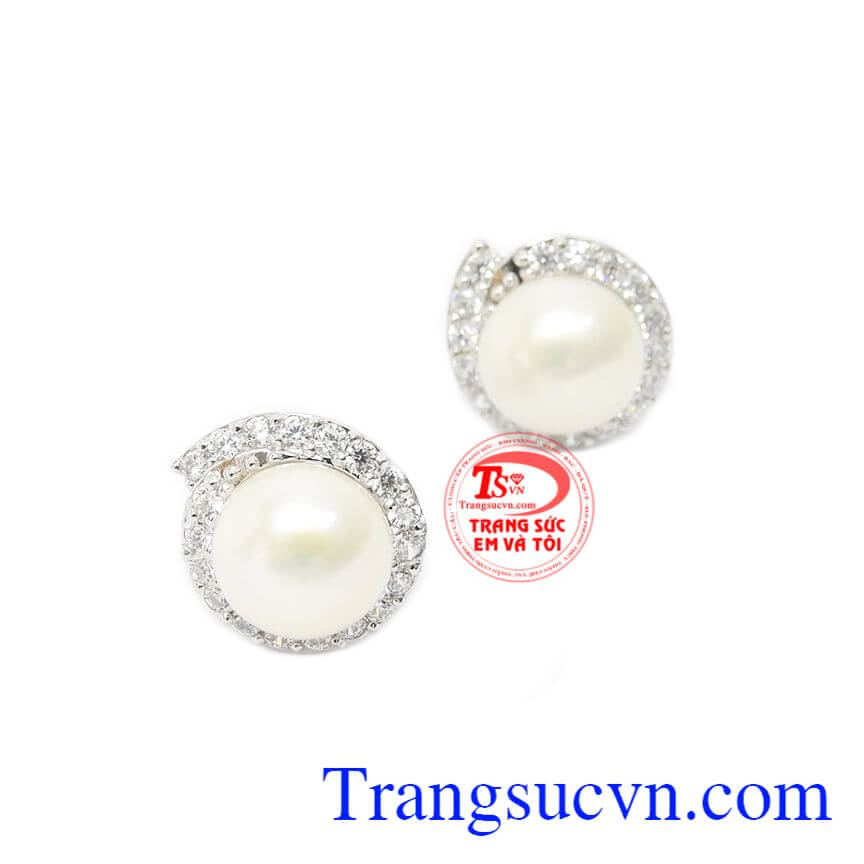 Hoa tai ngọc trai trắng tinh tế,Hoa tai ngọc trai,Trang sức vàng