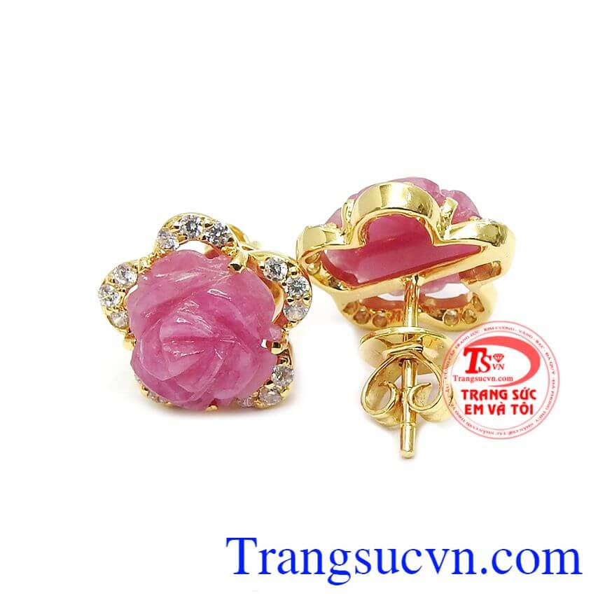 Hoa tai ruby bông hồng rạng rỡ,Hoa tai vàng đá quý,Trang sức nữ Hoa tai ruby bông hồng rạng rỡ,Hoa tai vàng đá quý,Trang sức nữ