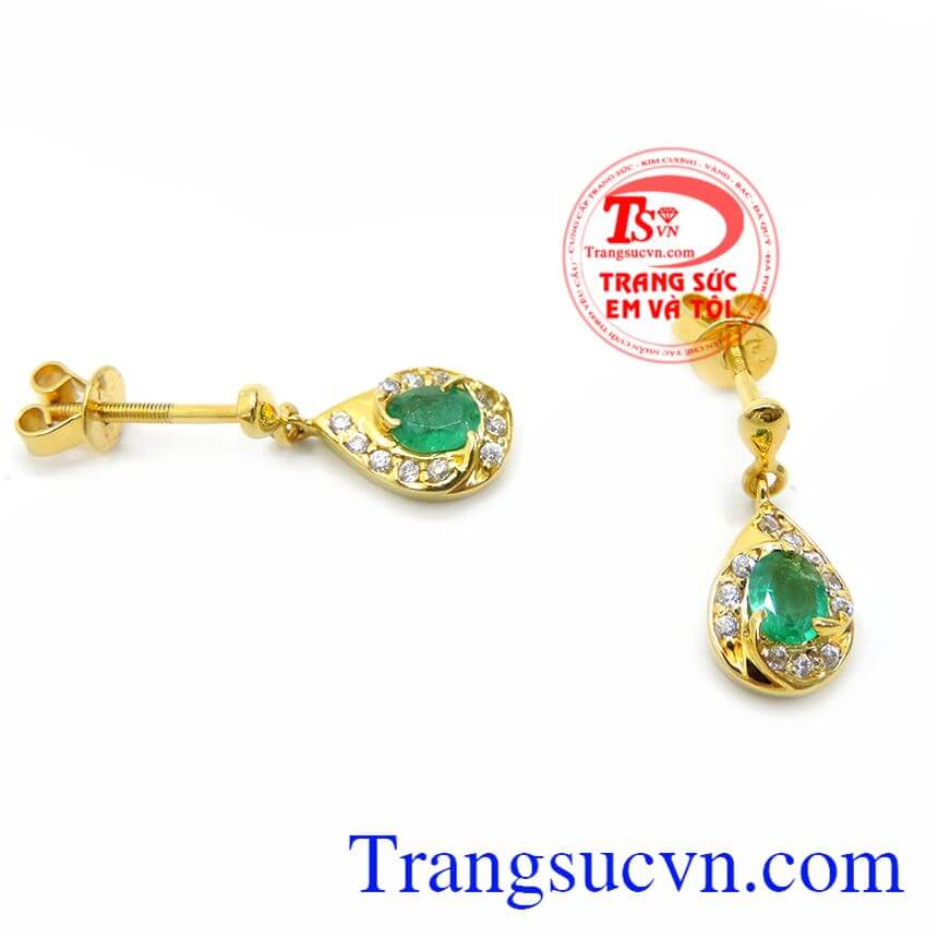 Hoa Tai Vàng 18K Emeral Quyền Quý,Hoa tai vàng đá quý,Trang sức vàng