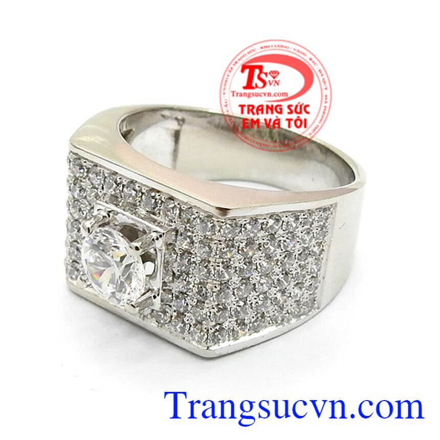 Nhẫn Vàng Trắng Đính Đá Mạnh Mẽ, nhẫn nam đẹp