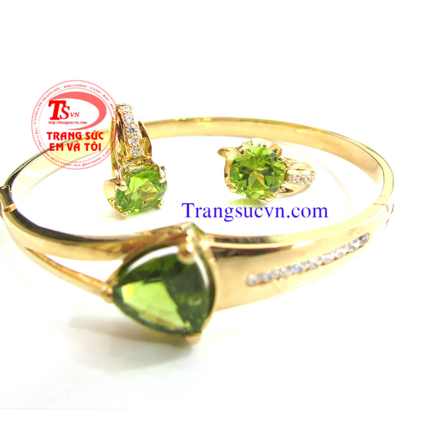 Vòng vàng và hoa tai đá peridot thiên nhiên, trang sức bộ Vòng vàng và hoa tai đá peridot thiên nhiên, trang sức bộ