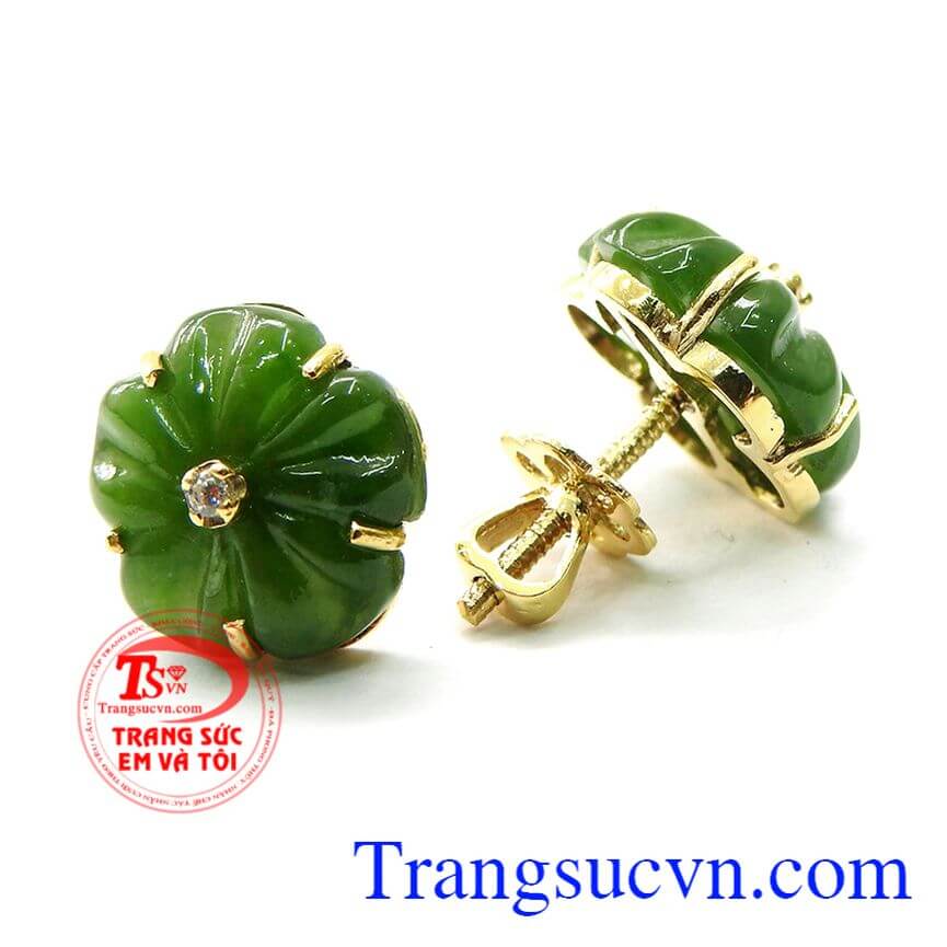Hoa tai vàng đính đá xinh xắn, Hoa tai đính đá cho nữ mẫu mã đẹp, Hoa tai vàng tây ngọc Nephrite thiên nhiên, Quà tặng bạn gái ý nghĩa