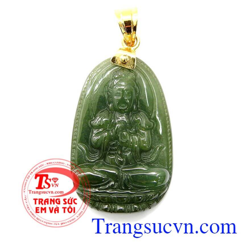 Mặt phật quan âm móc vàng may mắn, Mặt dây chuyền nữ  phong thủy, Mặt dây Nephrite thiên nhiên kiểu dáng đẹp thiết kế tinh xảo
