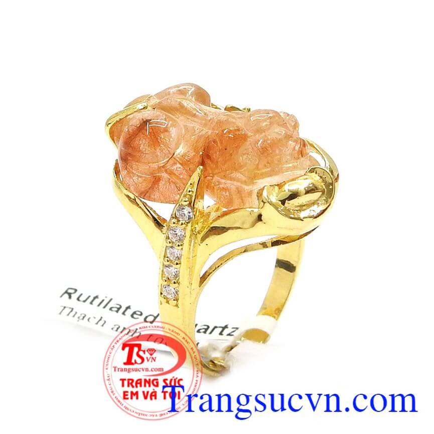 Nhẫn Tỳ Hưu bọc vàng đính đá, Nhẫn Thạch Anh tóc thiên nhiên, Nhẫn nữ hợp phong thủy