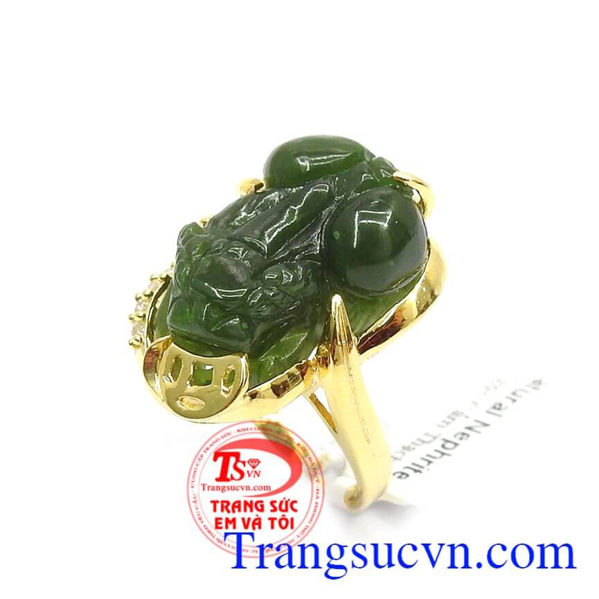 Nhẫn Tỳ Hưu nữ mệnh Mộc may mắn, Nhẫn Ngọc Cẩm Thạch bọc vàng, Nhẫn Tỳ Hưu phong thủy