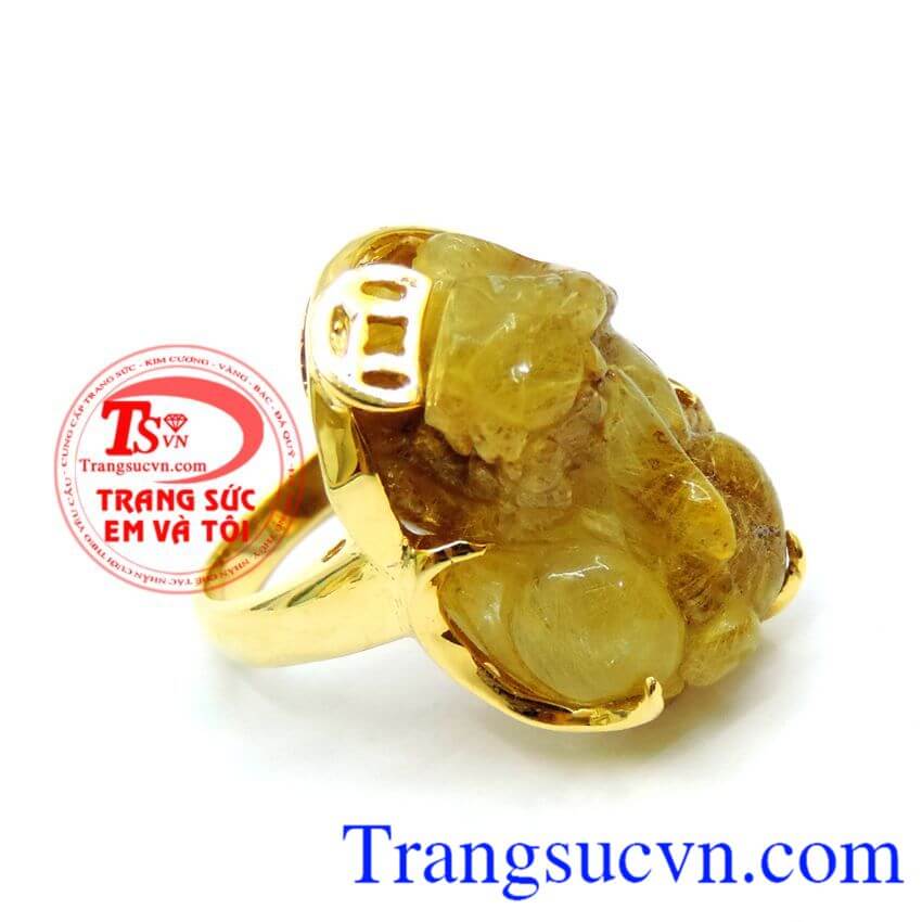Nhẫn tỳ hưu thạch anh tóc vàng 14k, Nhẫn Nữ Tỳ Hưu, nhẫn nữ vàng thời trang