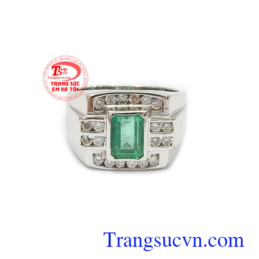 Nhẫn emerald vàng trắng và kim cương, nhẫn nam đá quý, nhẫn nam đẹp