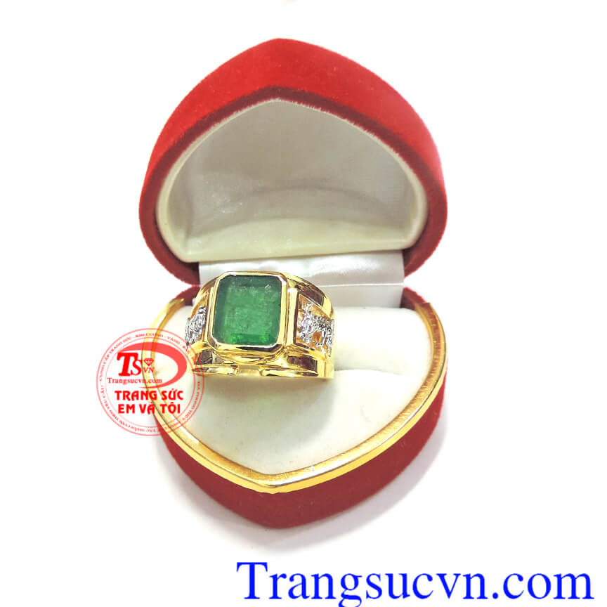 Nhẫn vàng nam đá quý Emerald thiên nhiên, nhẫn nam Emerald, nhẫn nam đẹp