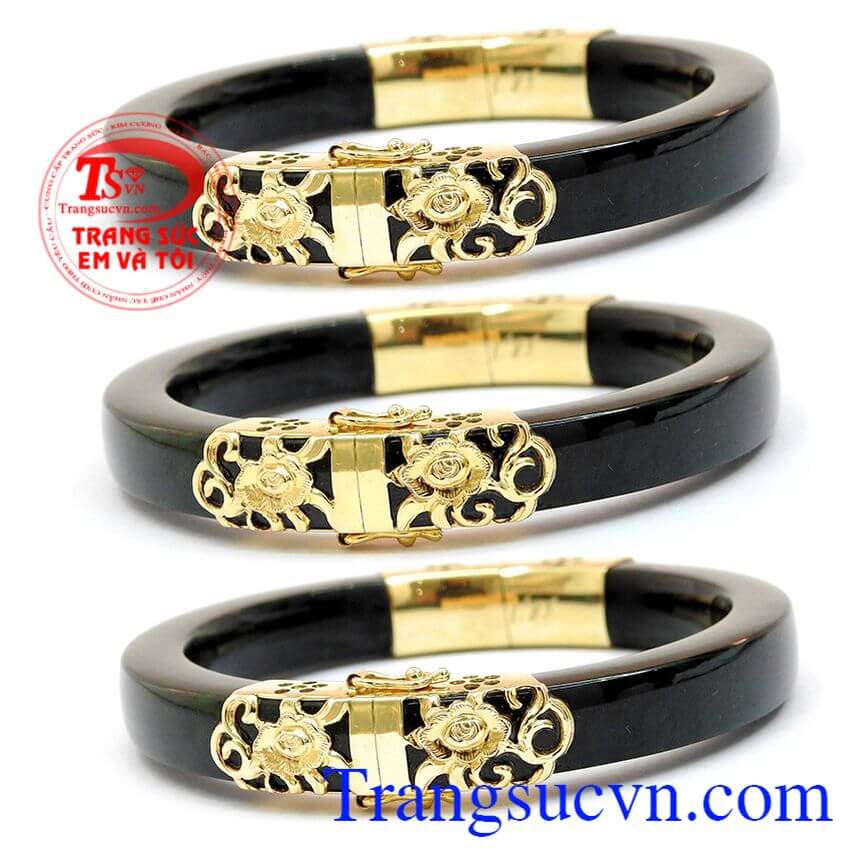 Vòng ngọc bọc vàng hoa văn, Vòng tay đá cẩm thạch thiên nhiên, Vòng tay vàng  quý phái.