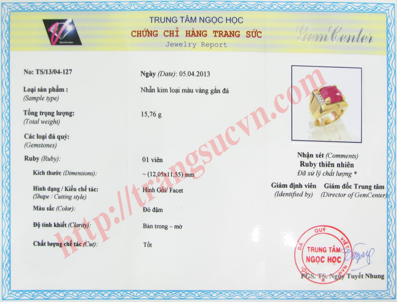 Phiếu chứng Chỉ Hàng Trang Sức mặt bên trong Các loại Giấy kiểm định đá quý