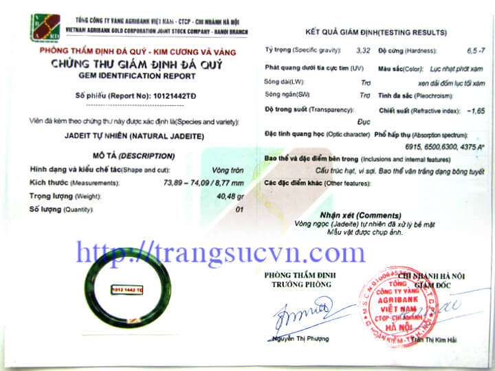 Mặt bên trong Chứng Thư Giám Định Đá Quý của AJC