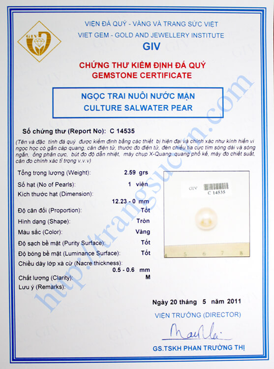 Mặt trong Chứng Thư Kiểm Định Đá Quý của GIV Chứng Thư Kiểm Định Đá Quý của GIV
