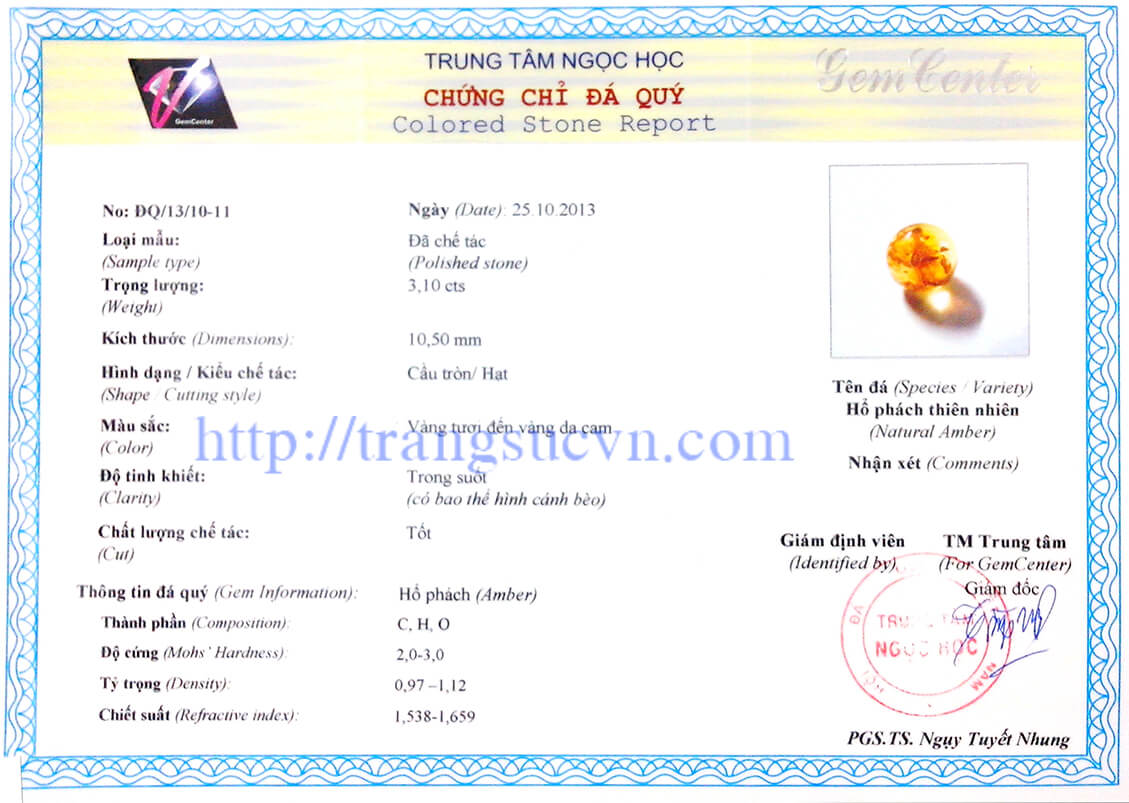 Giấy kiểm định đá quý thiên nhiên của Trung Tâm Ngọc Học Hôi Đá Quý Việt Nam ( Đá Hổ Phách thiên nhiên) Giay-kiem-dinh-ho-phach-da-quy