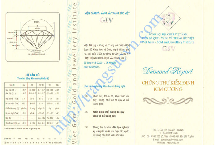 Mặt trước giấy kiểm định KIM CƯƠNG Viện Đá Quý -Trang Sức GIV Mặt trước giấy kiểm định KIM CƯƠNG Viện Đá Quý -Trang Sức GIV