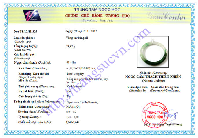 Giấy kiểm định vòng ngọc cẩm thạch thiên nhiên, Của Trung Tâm Ngọc Ngọc Hội Đá Quý Việt Nam Giấy kiểm định vòng ngọc cẩm thạch thiên nhiên, Của Trung Tâm Ngọc Ngọc Hội Đá Quý Việt Nam