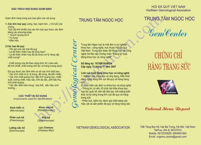 Mặt Trước Chứng Chỉ Hàng Trang Sức của Trung Tâm Ngọc Học Jem Center Mặt Trước Chứng Chỉ Hàng Trang Sức của Trung Tâm Ngọc Học Jem Center