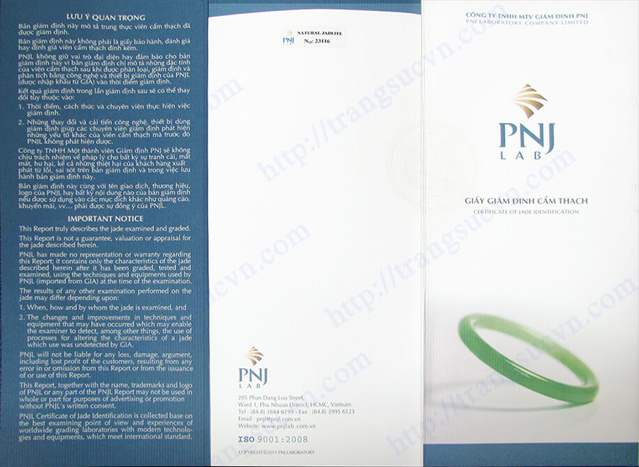 Mặt trước Giấy kiểm định của PNJ chung-chi-ngoc-cam-thach-PNJ